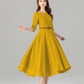 Handmade Yellow Linen Cotton Midi Dress – Summer Fit & Flare with Pockets 5577
