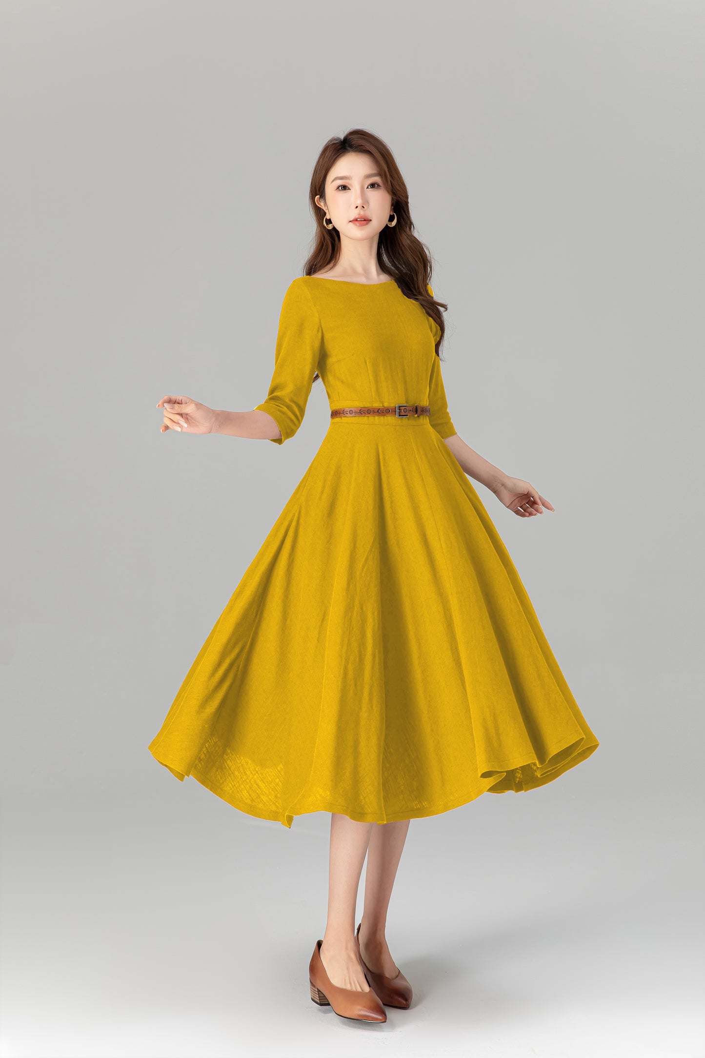 Handmade Yellow Linen Cotton Midi Dress – Summer Fit & Flare with Pockets 5577