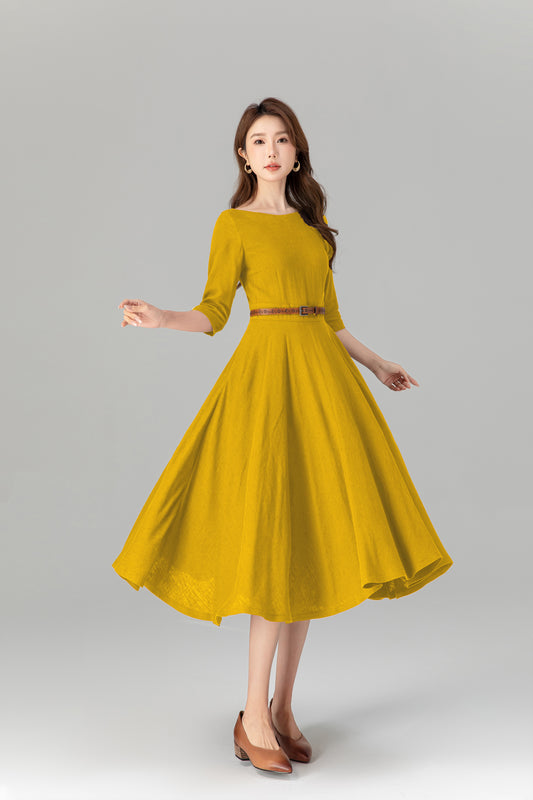 Handmade Yellow Linen Cotton Midi Dress – Summer Fit & Flare with Pockets 5577