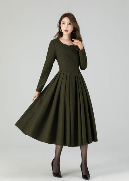 Winter Wool Midi Dress – Women’s Fit and Flare Long Sleeve 5501