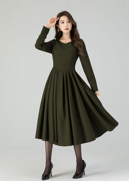Winter Wool Midi Dress – Women’s Fit and Flare Long Sleeve 5501