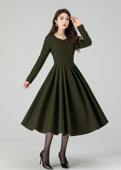 Winter Wool Midi Dress – Women’s Fit and Flare Long Sleeve 5501