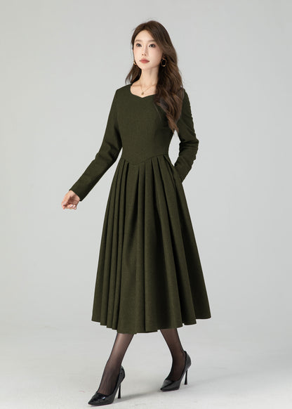 Winter Wool Midi Dress – Women’s Fit and Flare Long Sleeve 5501