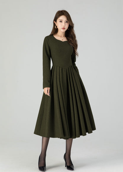 Winter Wool Midi Dress – Women’s Fit and Flare Long Sleeve 5501