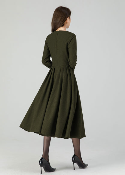 Winter Wool Midi Dress – Women’s Fit and Flare Long Sleeve 5501