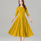 Handmade Yellow Linen Cotton Midi Dress – Summer Fit & Flare with Pockets 5577