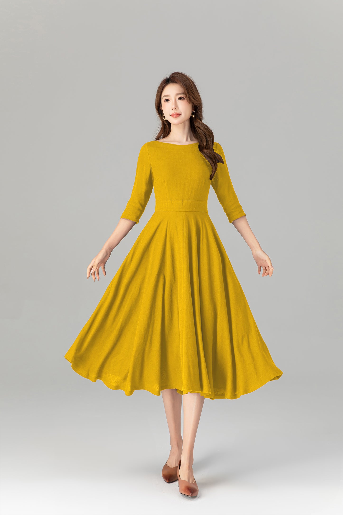 Handmade Yellow Linen Cotton Midi Dress – Summer Fit & Flare with Pockets 5577