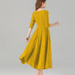 Handmade Yellow Linen Cotton Midi Dress – Summer Fit & Flare with Pockets 5577