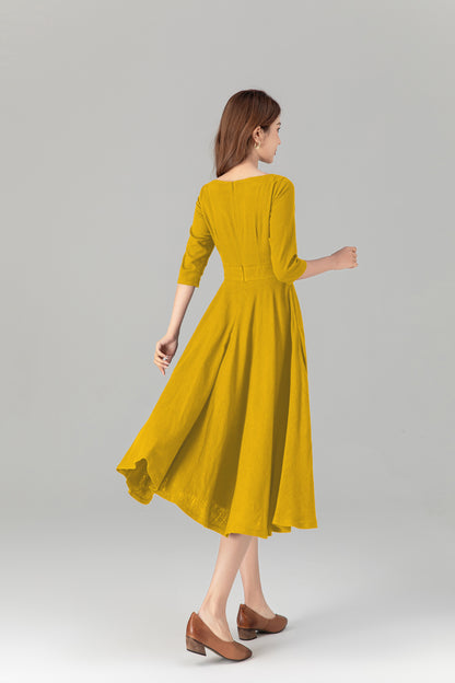 Yellow Linen Midi Dress with Pockets – Handmade Summer Vacation Dress | Xiaolizi 5577