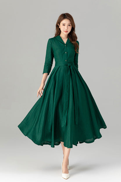 Green Linen Shirt Dress - Fit and Flare with 3/4 Sleeves 4911