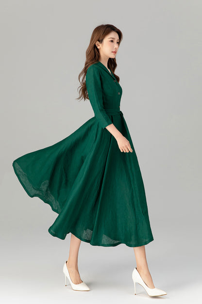 Green Linen Shirt Dress - Fit and Flare with 3/4 Sleeves 4911