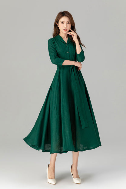 Green Linen Shirt Dress - Fit and Flare with 3/4 Sleeves 4911