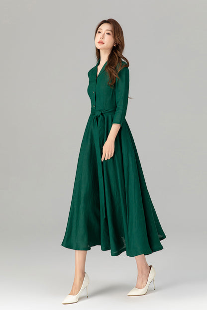 Green Linen Shirt Dress - Fit and Flare with 3/4 Sleeves 4911