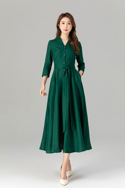Green Linen Shirt Dress - Fit and Flare with 3/4 Sleeves 4911