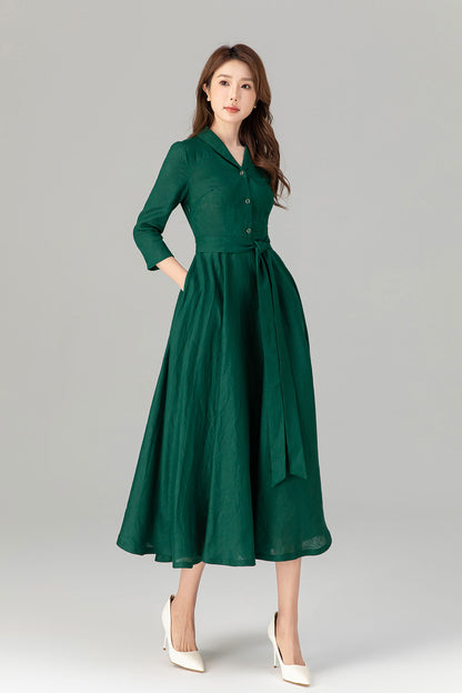 Green Linen Shirt Dress - Fit and Flare with 3/4 Sleeves 4911