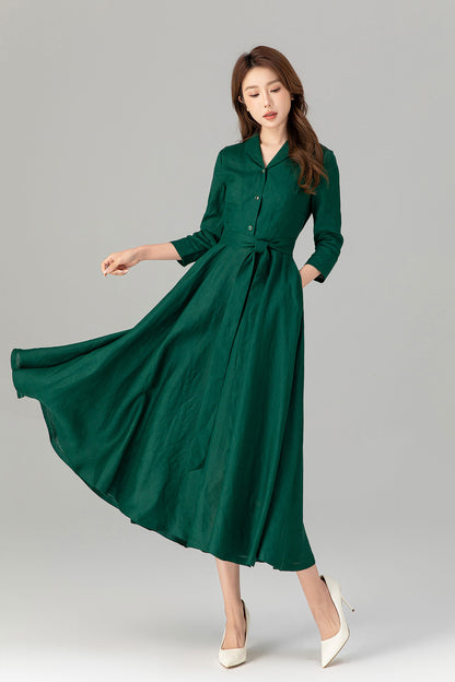 Green Linen Shirt Dress - Fit and Flare with 3/4 Sleeves 4911