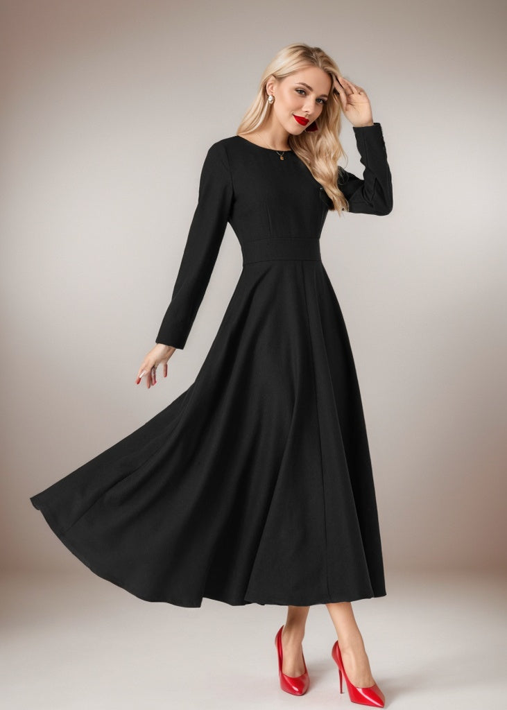 Women’s Black Wool Midi Dress – Handmade Fit & Flare Winter Dress | Xiaolizi 5434