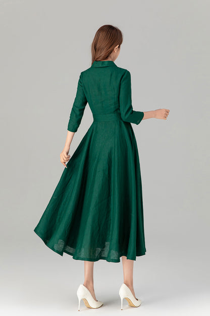 Green Linen Shirt Dress - Fit and Flare with 3/4 Sleeves 4911