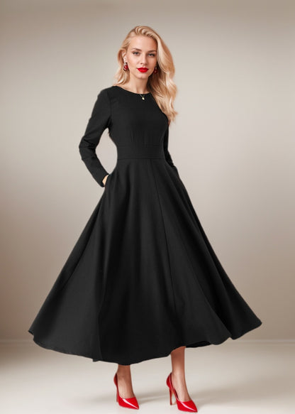 Women’s Black Wool Midi Dress – Handmade Fit & Flare Winter Dress | Xiaolizi 5434