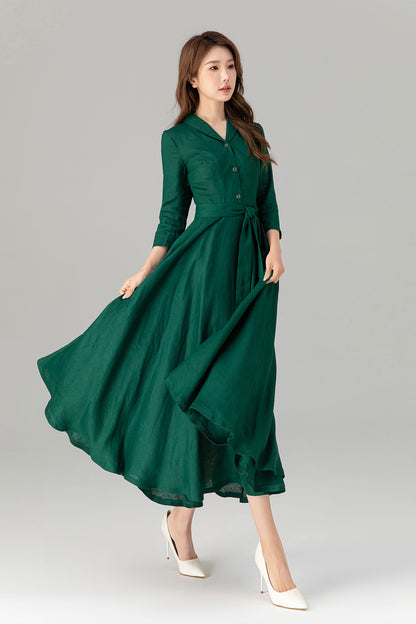 Green Linen Shirt Dress - Fit and Flare with 3/4 Sleeves 4911