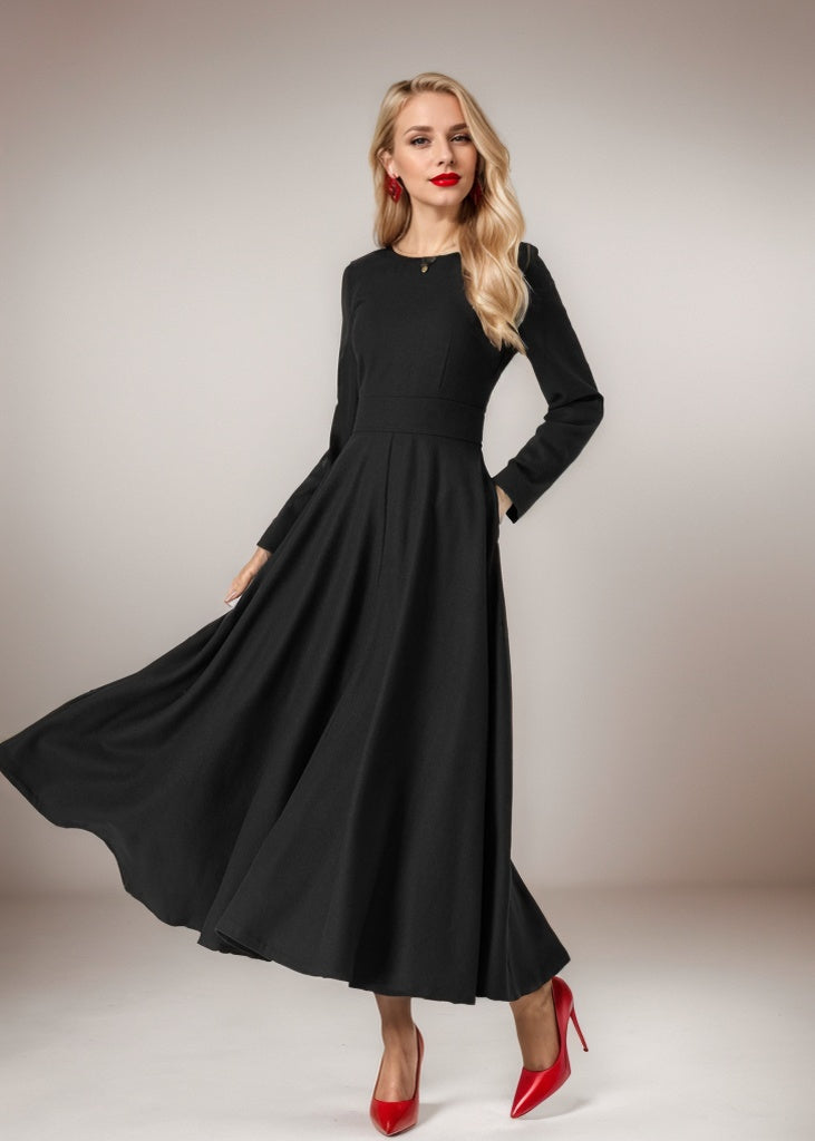 Women’s Black Wool Midi Dress – Handmade Fit & Flare Winter Dress | Xiaolizi 5434