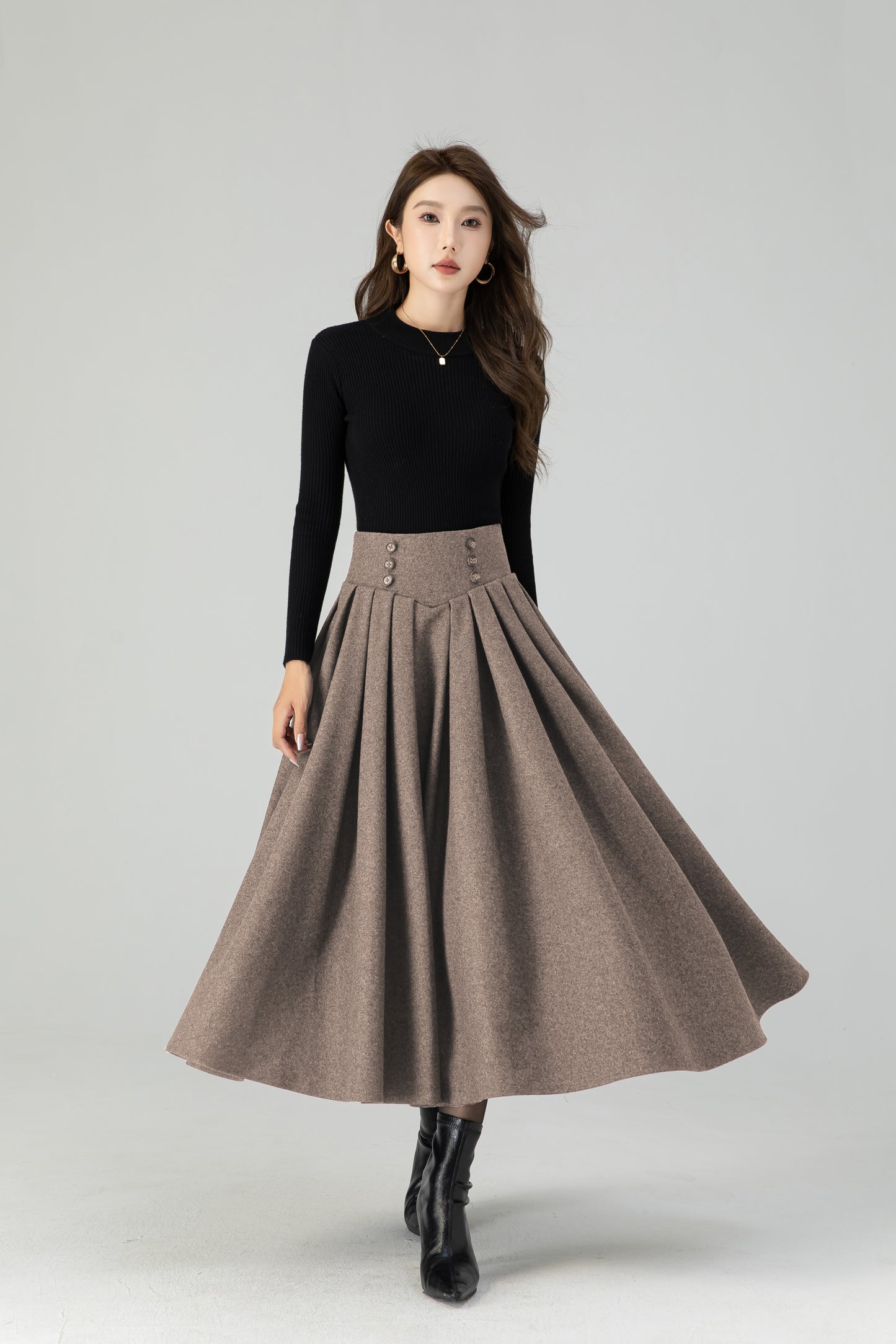 Vintage Wool Blend Pleated Midi Skirt – Handmade Swing Winter Skirt | Xiaolizi 5431