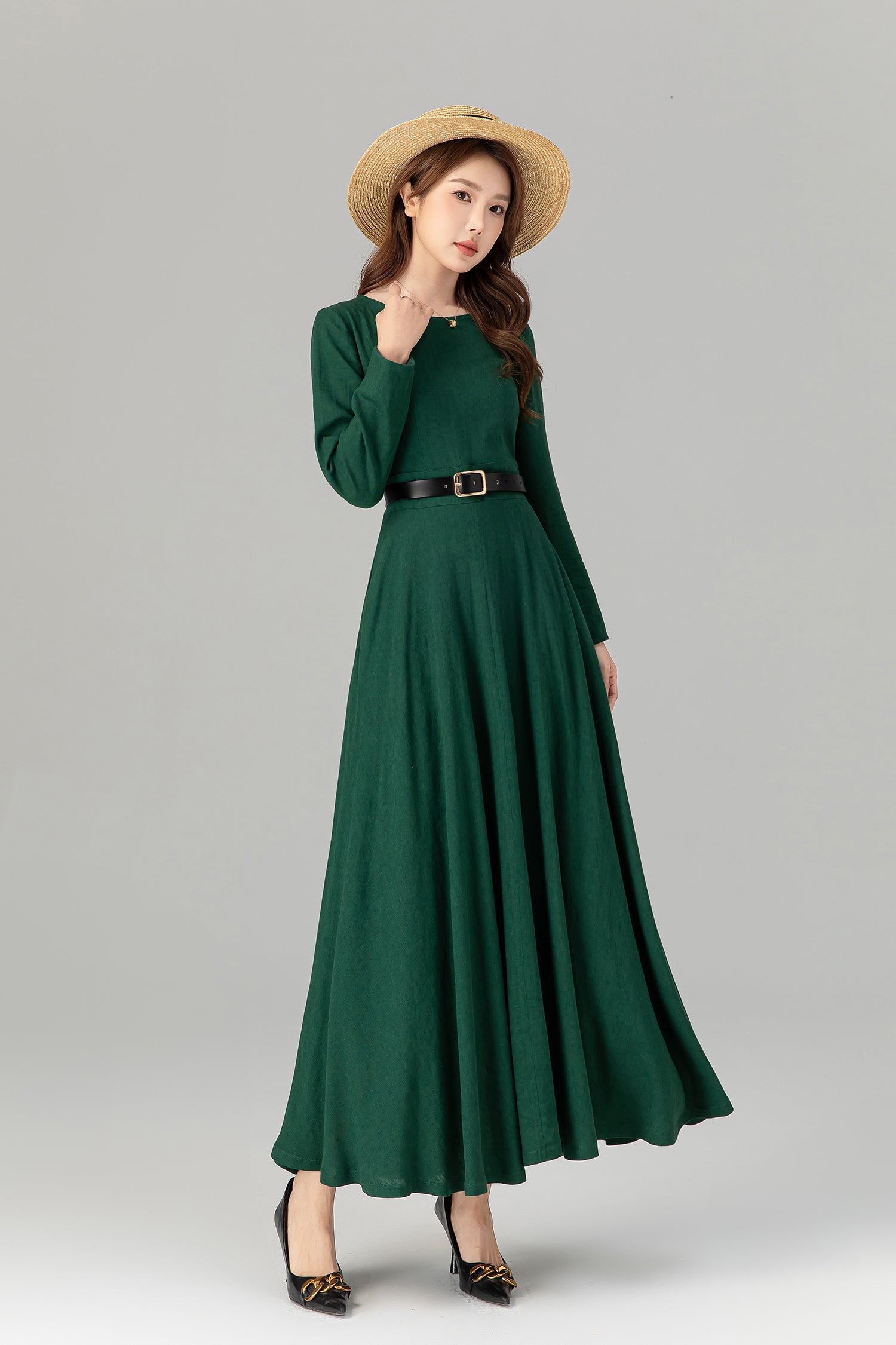 Spring Green Linen Maxi Dress Handmade Long Sleeve | Xiaolizi 4913 Green / XS Spring Green Linen Maxi Dress Handmade Long Sleeve | Xiaolizi 4913 Green / XS
