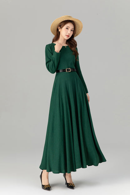 Handmade Spring Green Linen Maxi Dress – Long Sleeve Fit and Flare | Xiaolizi 4913