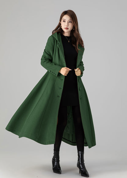 Forest Green Wool Blend Swing Coat - Hooded, Long Sleeve 5503