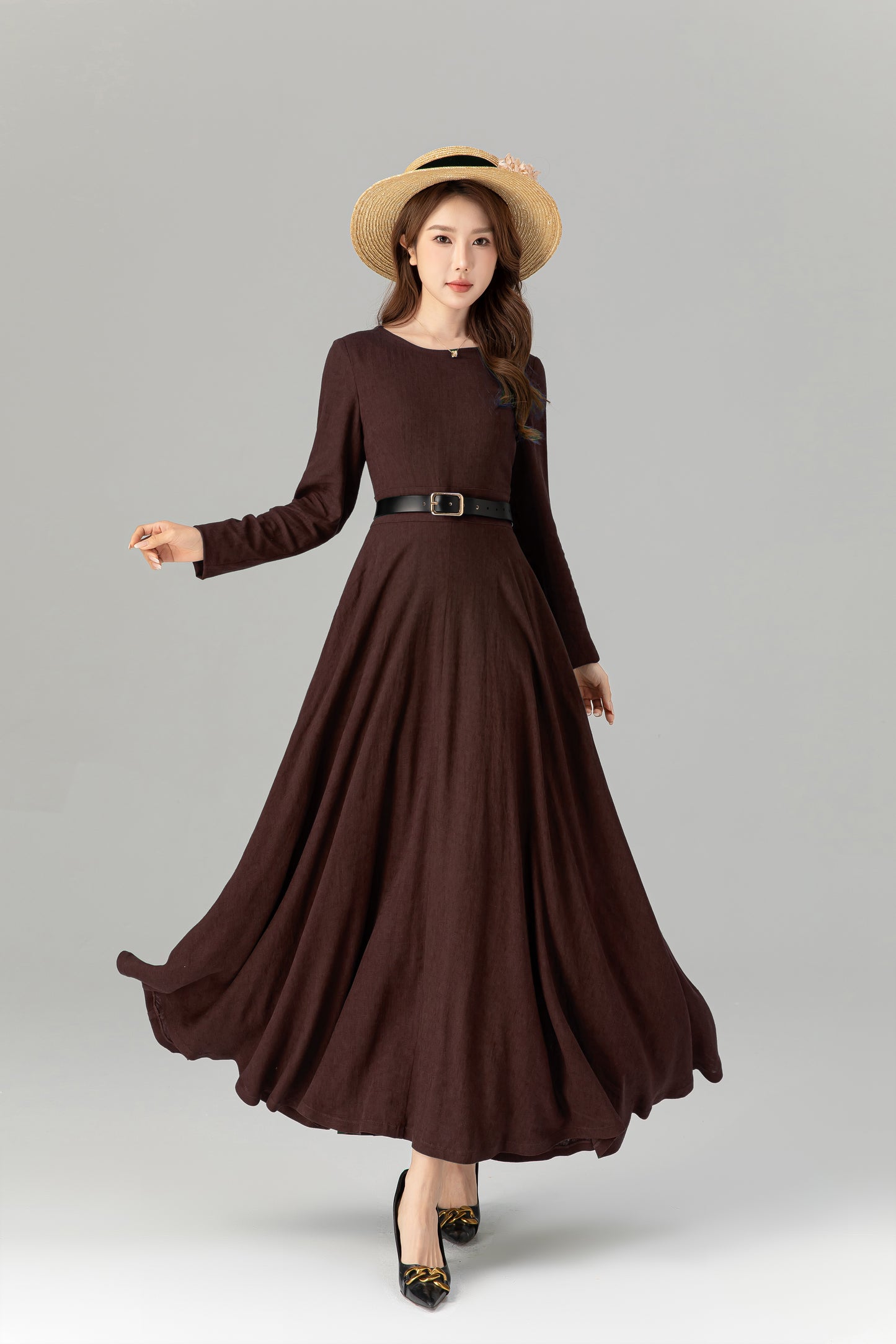 Women’s Chocolate Brown Linen Maxi Dress – Handmade Elegant Long Dress | Xiaolizi 5695