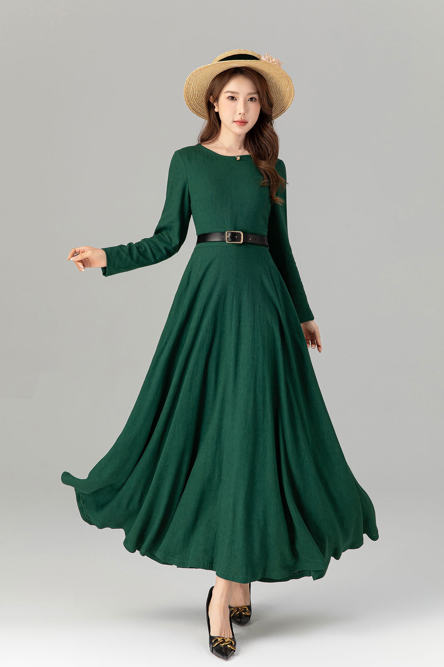 Spring Green Linen Maxi Dress Handmade Long Sleeve | Xiaolizi 4913 Green / XS Spring Green Linen Maxi Dress Handmade Long Sleeve | Xiaolizi 4913 Green / XS