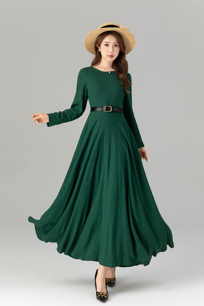 Long sleeves maxi spring green linen dresses 4913