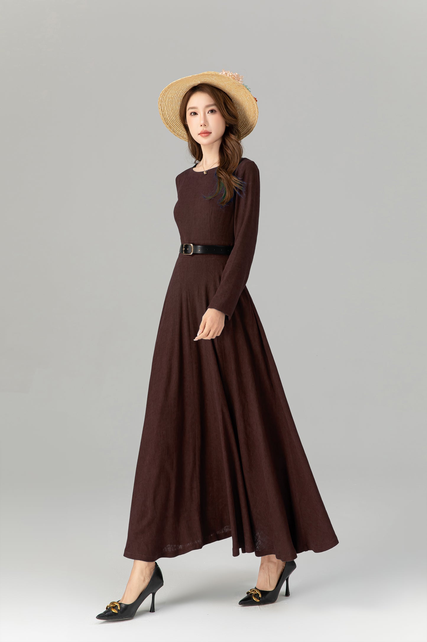 Women’s Chocolate Brown Linen Maxi Dress – Handmade Elegant Long Dress | Xiaolizi 5695