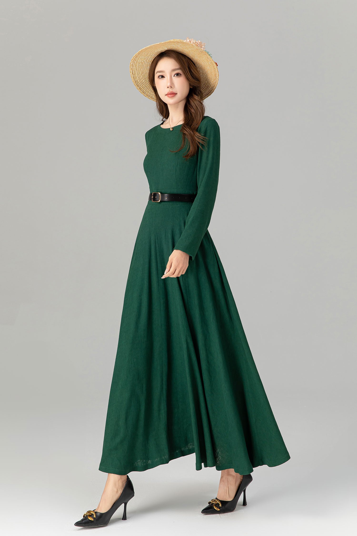 Spring Green Linen Maxi Dress Handmade Long Sleeve | Xiaolizi 4913 Green / XS Spring Green Linen Maxi Dress Handmade Long Sleeve | Xiaolizi 4913 Green / XS