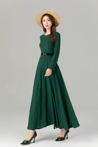 Handmade Spring Green Linen Maxi Dress – Long Sleeve Fit and Flare | Xiaolizi 4913