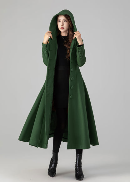 Forest Green Wool Blend Swing Coat - Hooded, Long Sleeve 5503