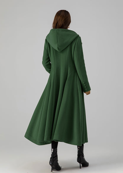 Forest Green Wool Blend Swing Coat - Hooded, Long Sleeve 5503