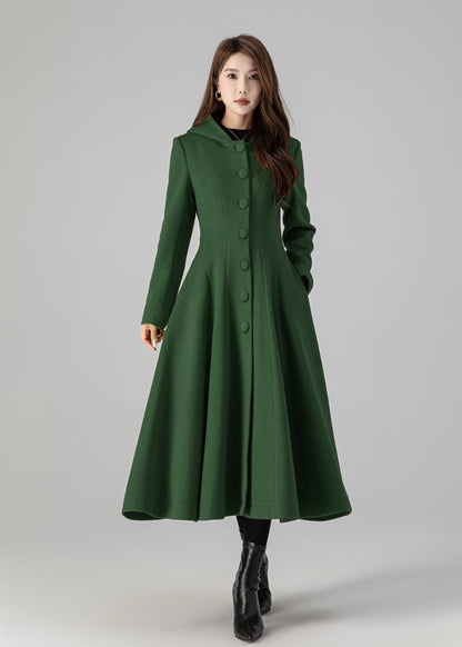 Forest Green Wool Blend Swing Coat - Hooded, Long Sleeve 5503