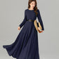Handmade Navy Blue Linen Maxi Dress – Long Sleeve Fit and Flare | Xiaolizi 5752