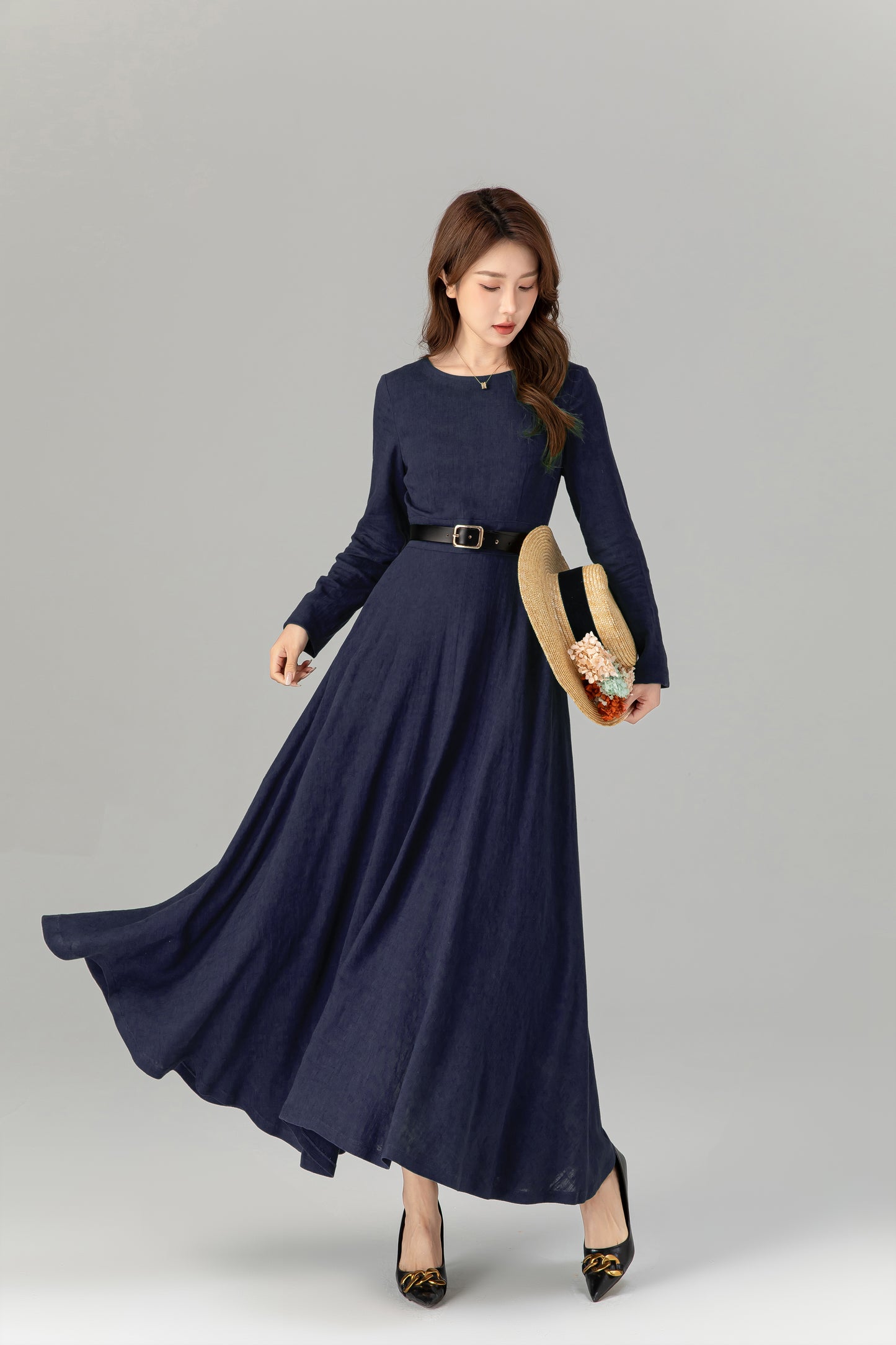 Handmade Navy Blue Linen Maxi Dress – Long Sleeve Fit and Flare | Xiaolizi 5752