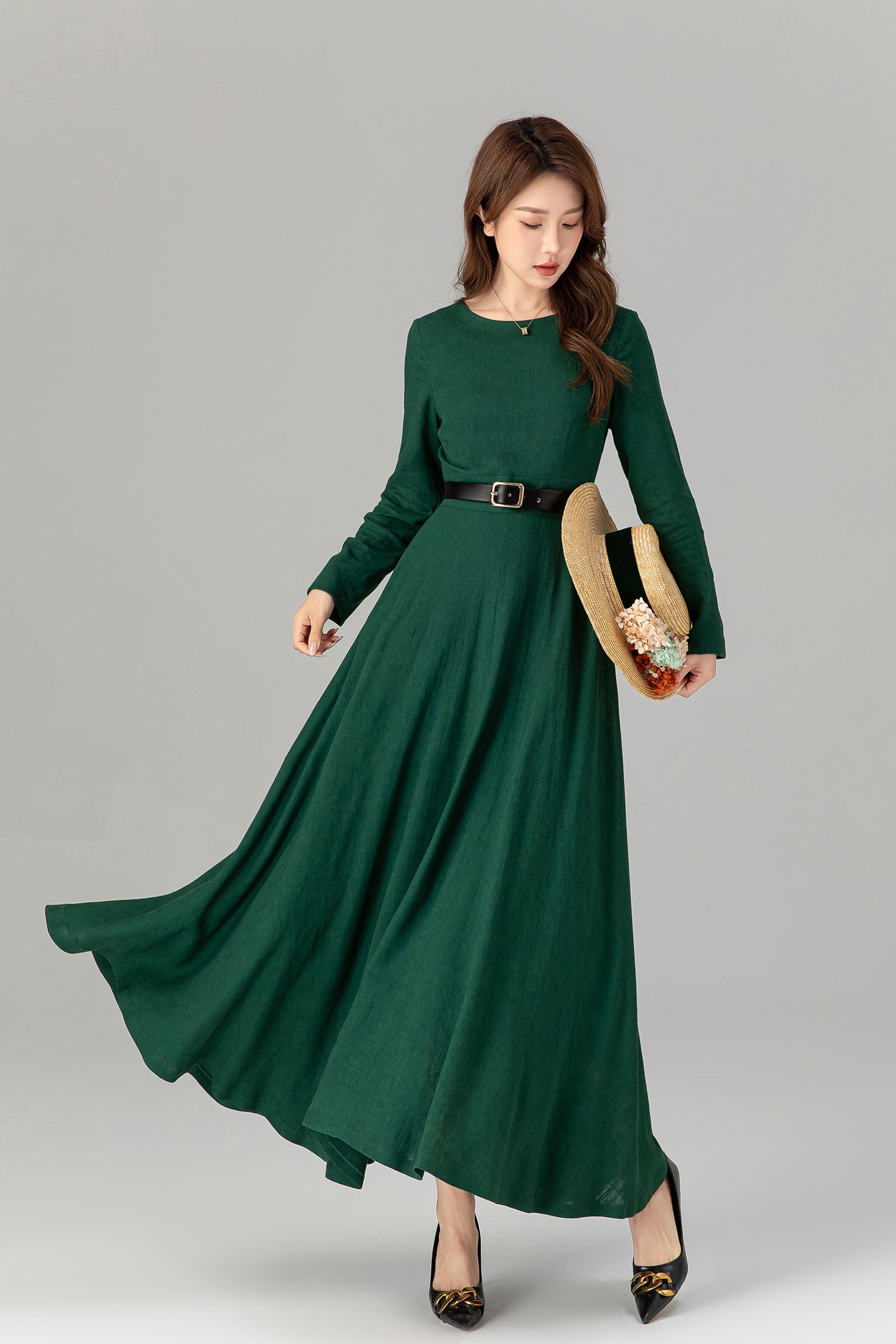green maxi dress with sleeves Deep V Neck Floral Long Sleeve Midi neck (and back) Spring Green Linen Maxi Dress