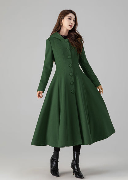 Forest Green Wool Blend Swing Coat - Hooded, Long Sleeve 5503