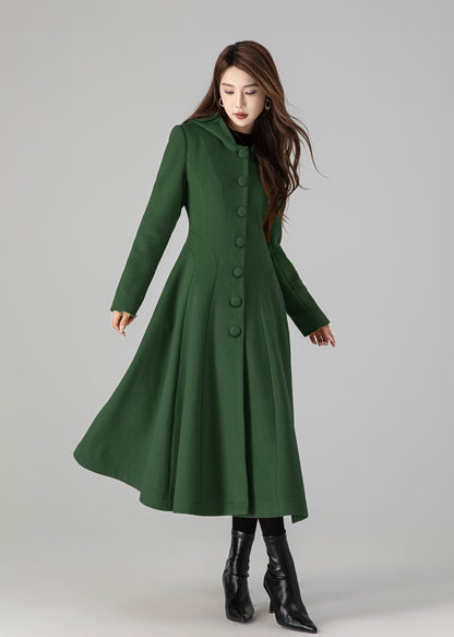 Forest Green Wool Blend Swing Coat - Hooded, Long Sleeve 5503