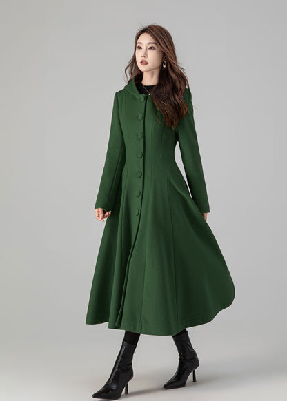 Forest Green Wool Blend Swing Coat - Hooded, Long Sleeve 5503