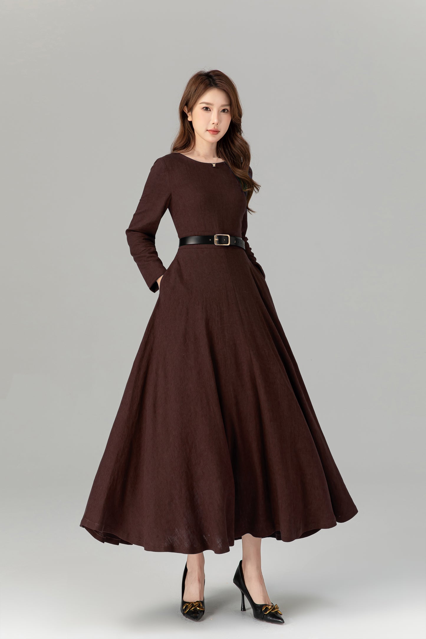 Women’s Chocolate Brown Linen Maxi Dress – Handmade Elegant Long Dress | Xiaolizi 5695