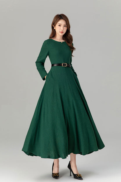 Spring Green Linen Maxi Dress – Handmade Long Sleeve