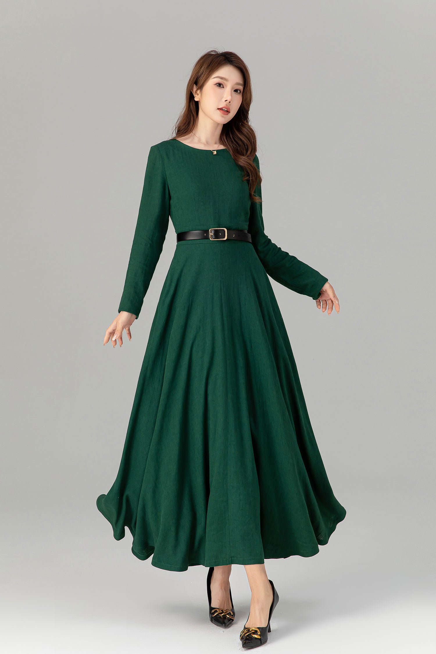 Spring Green Linen Maxi Dress Handmade Long Sleeve | Xiaolizi 4913 Green / XS Spring Green Linen Maxi Dress Handmade Long Sleeve | Xiaolizi 4913 Green / XS
