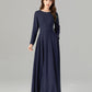Handmade Navy Blue Linen Maxi Dress – Long Sleeve Fit and Flare | Xiaolizi 5752