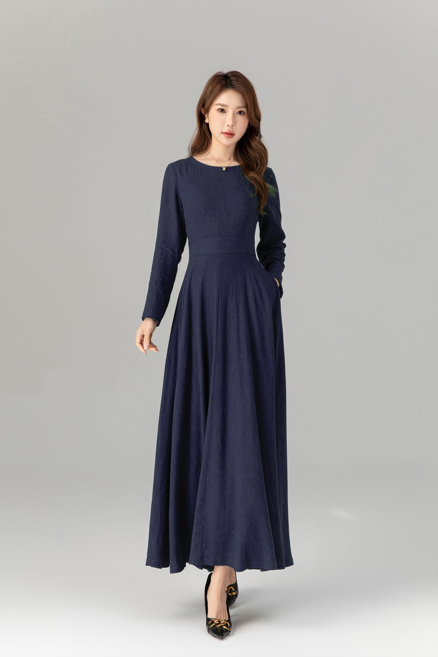 Handmade Navy Blue Linen Maxi Dress – Long Sleeve Fit and Flare | Xiaolizi 5752
