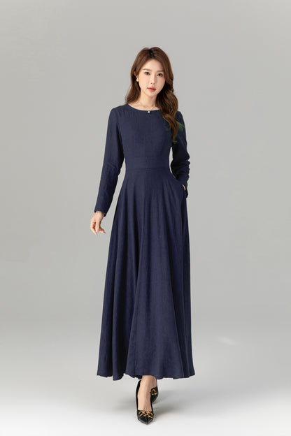 Navy Linen Maxi Dress - Fit and Flare Long Sleeve 5752